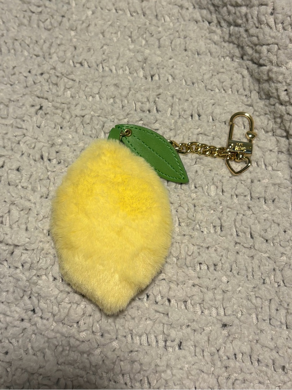Betsey Johnson Yellow Fuzzy Lemon Keychain with Green Leaf